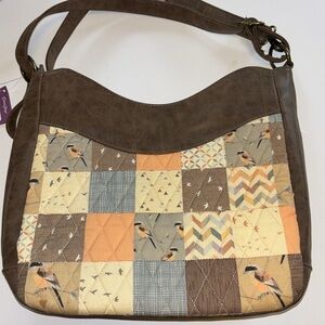 DONNA SHARP BROWN VEGAN LEATHER WITH PATCHWORK DESIGN ON FRONT AND BACK OF BAG